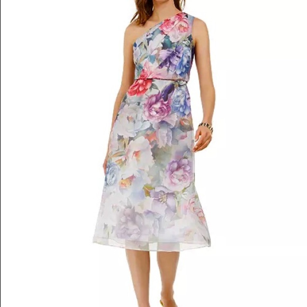 Adrianna Papell One-Shoulder Floral Organza Dress